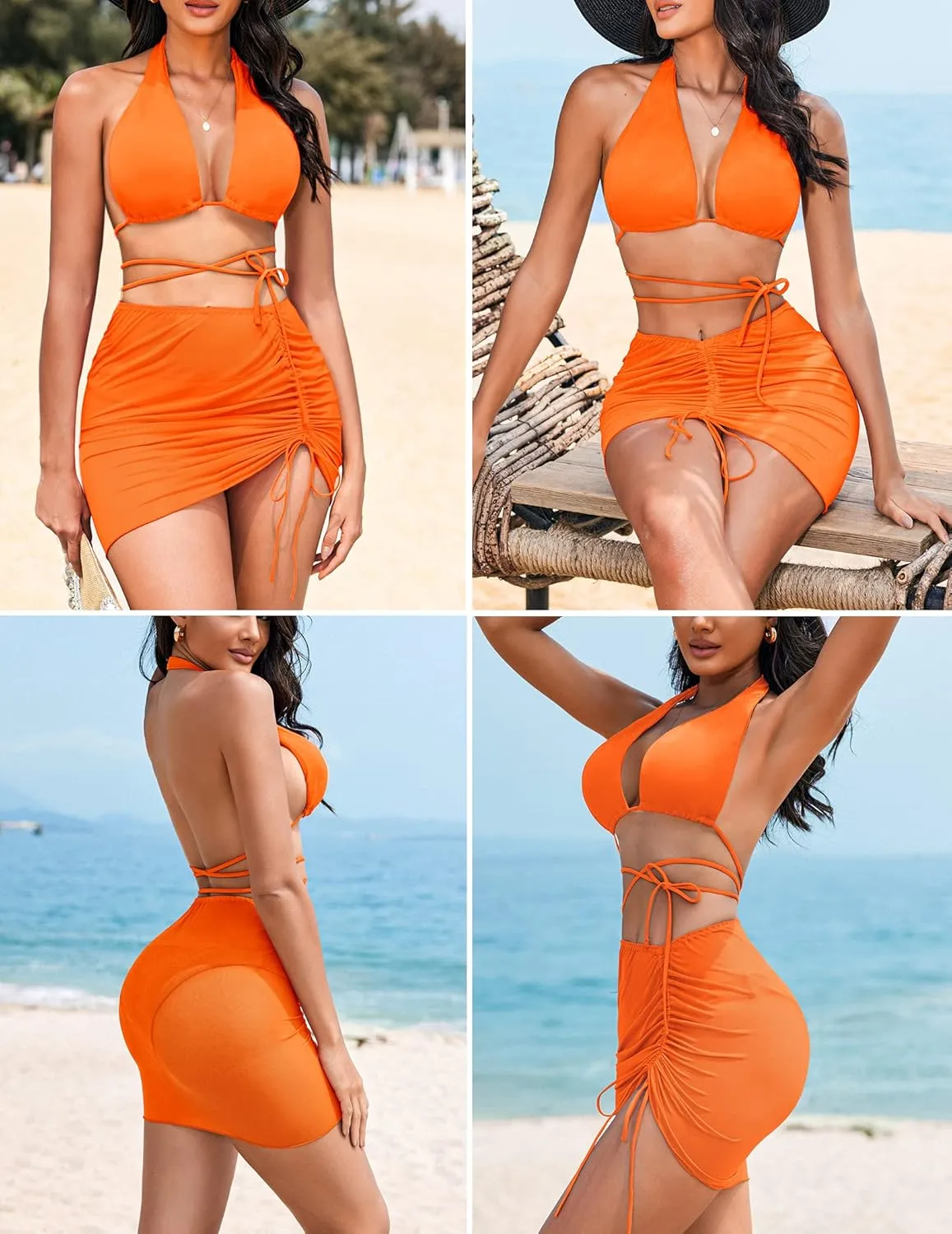 AI'MAGE 2 Pieces Women Beach Sheer Cover Ups Mesh Bikini Wrap Ruched Skirt for Swimwear S-XXL