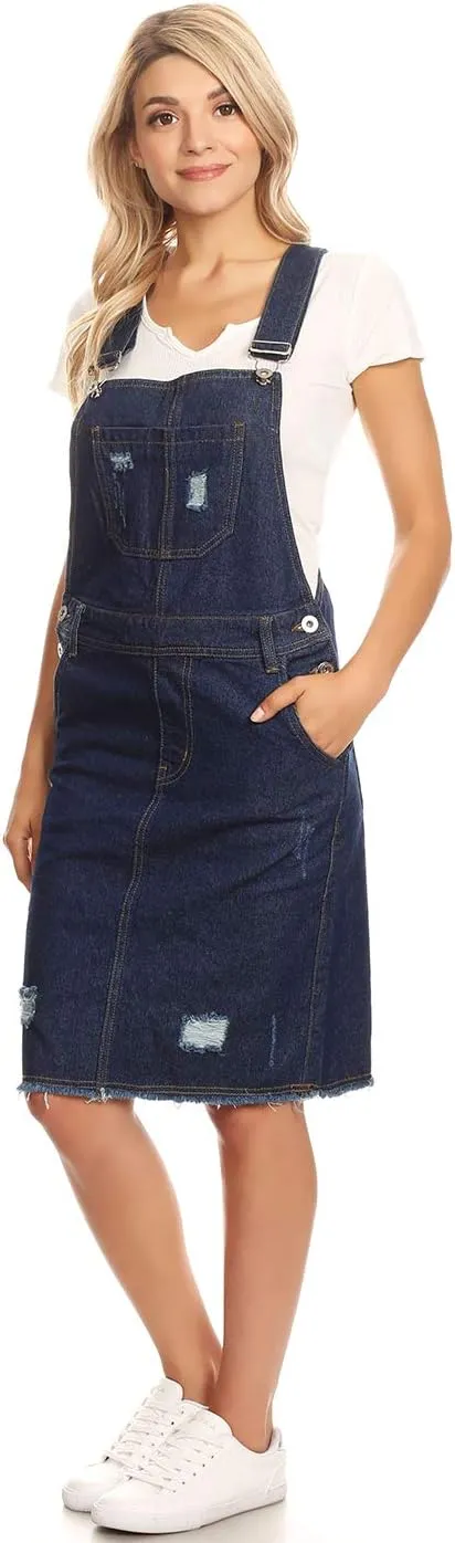 Anna-Kaci Junior Womens Distressed Denim Adjustable Strap Overall Dress