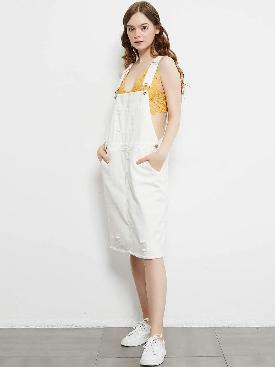 Anna-Kaci Junior Womens Distressed Denim Adjustable Strap Overall Dress
