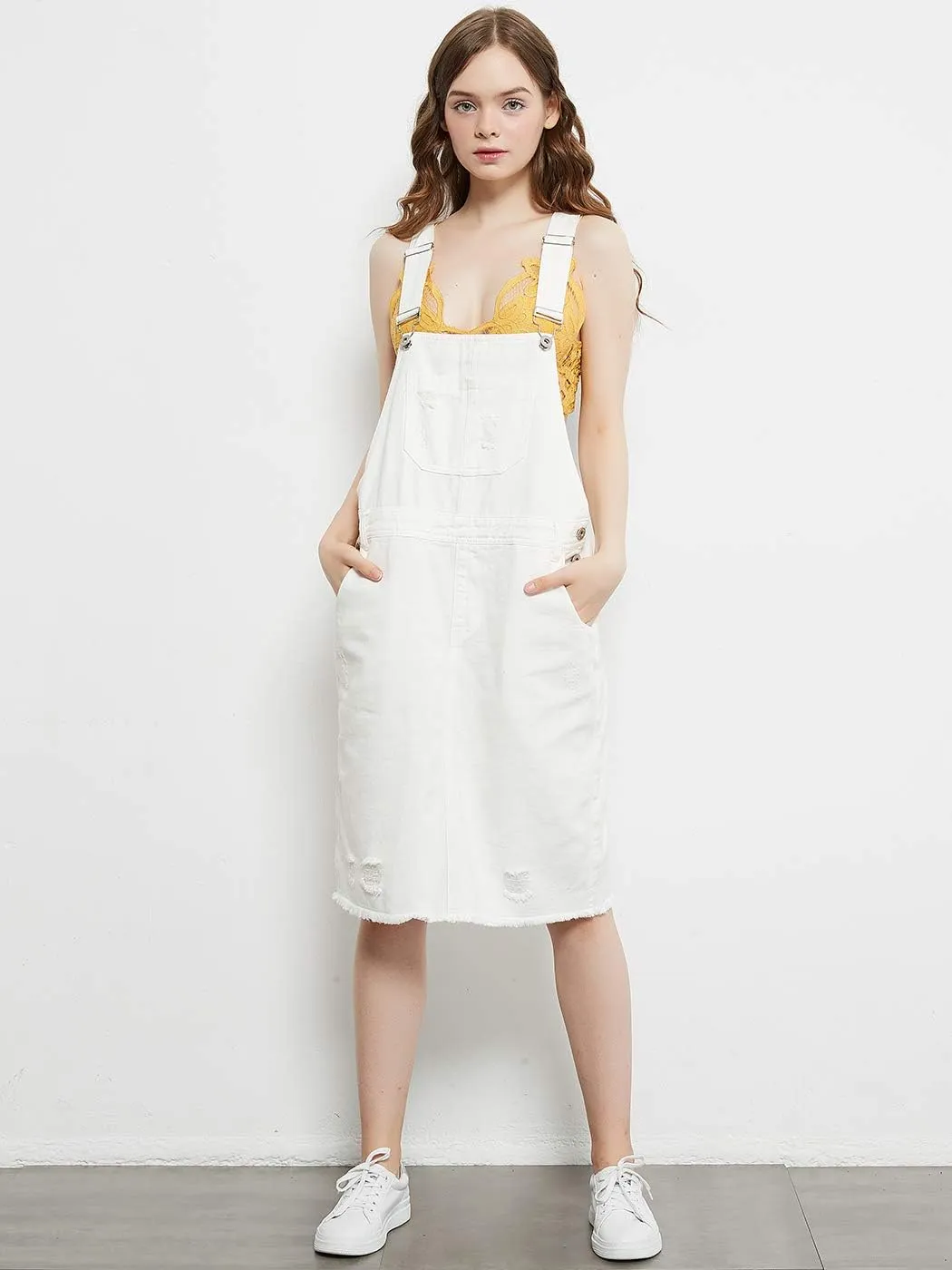 Anna-Kaci Junior Womens Distressed Denim Adjustable Strap Overall Dress