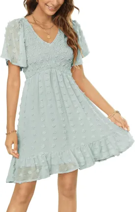 Annebouti Womens 2025 Spring Summer Mini Smocked Swiss Dot Dresses Short Sleeve Babydoll Casual Dress