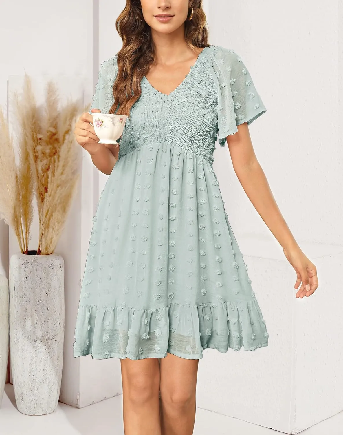 Annebouti Womens 2025 Spring Summer Mini Smocked Swiss Dot Dresses Short Sleeve Babydoll Casual Dress