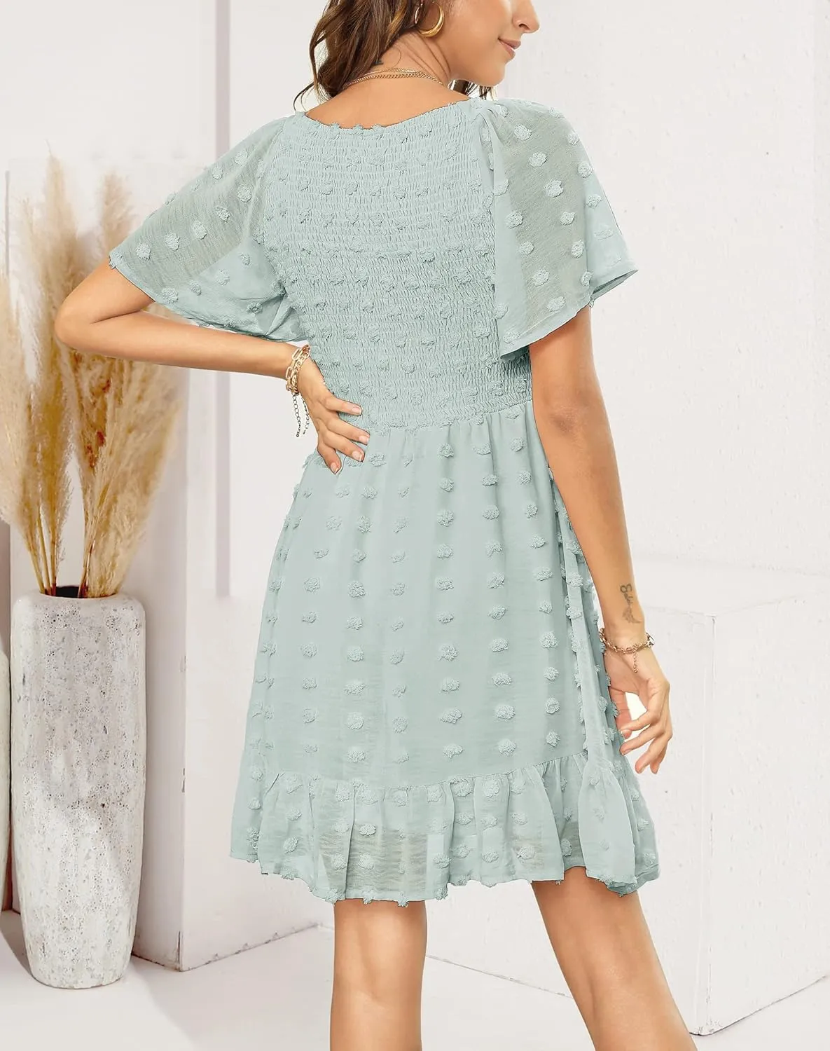 Annebouti Womens 2025 Spring Summer Mini Smocked Swiss Dot Dresses Short Sleeve Babydoll Casual Dress