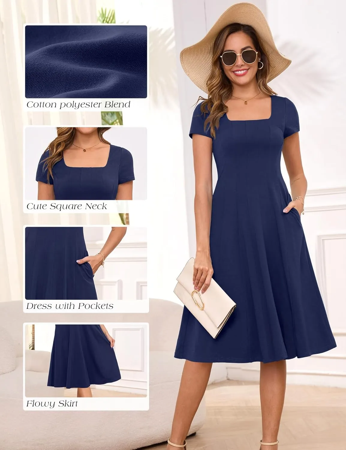 Annebouti Womens Spring Summer 2025 A-Line Square Neck Short Sleeve Semi-Formal Casual Work Midi Dress with Pockets
