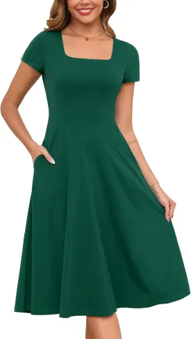 Annebouti Womens Spring Summer 2025 A-Line Square Neck Short Sleeve Semi-Formal Casual Work Midi Dress with Pockets