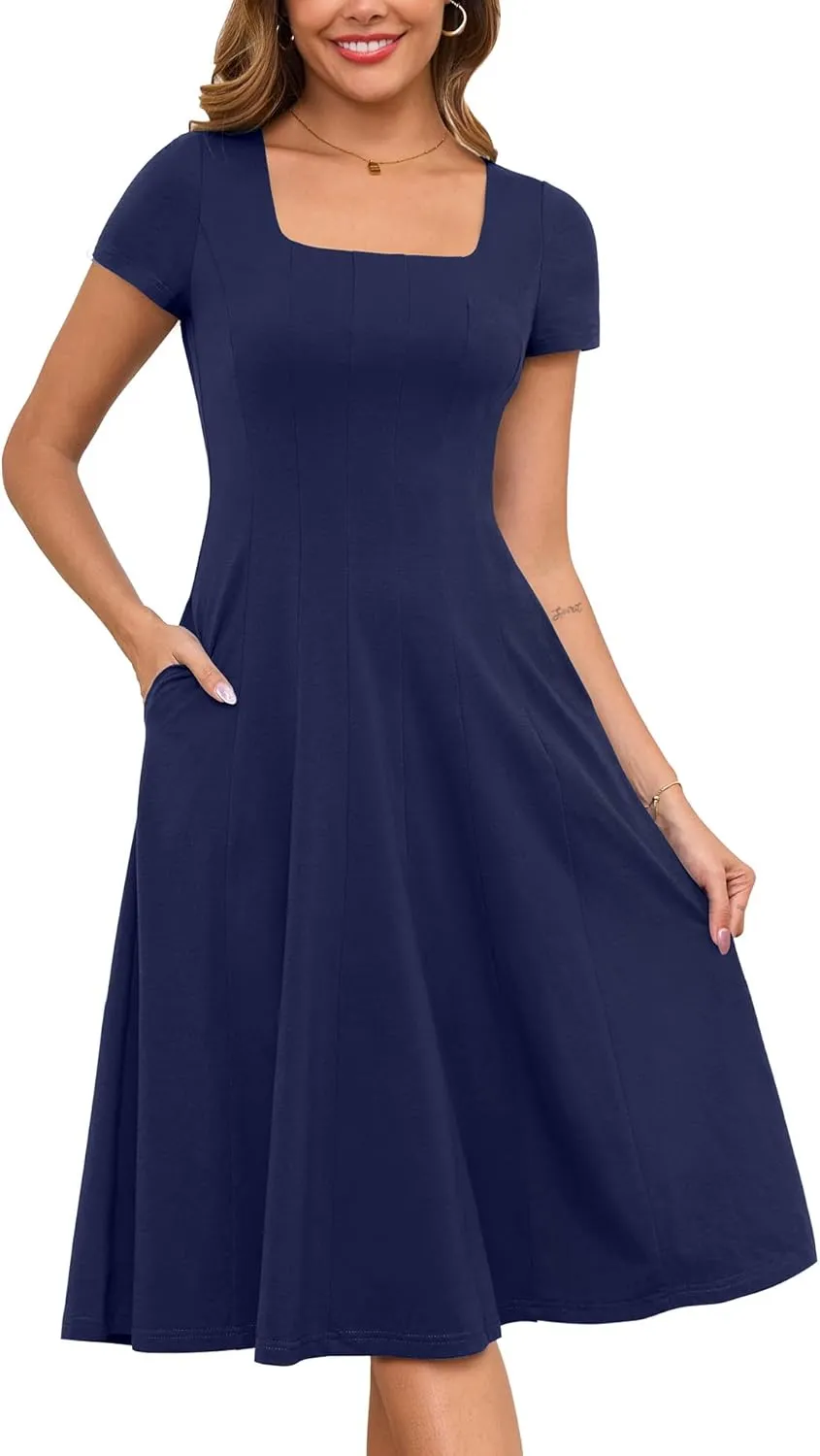 Annebouti Womens Spring Summer 2025 A-Line Square Neck Short Sleeve Semi-Formal Casual Work Midi Dress with Pockets
