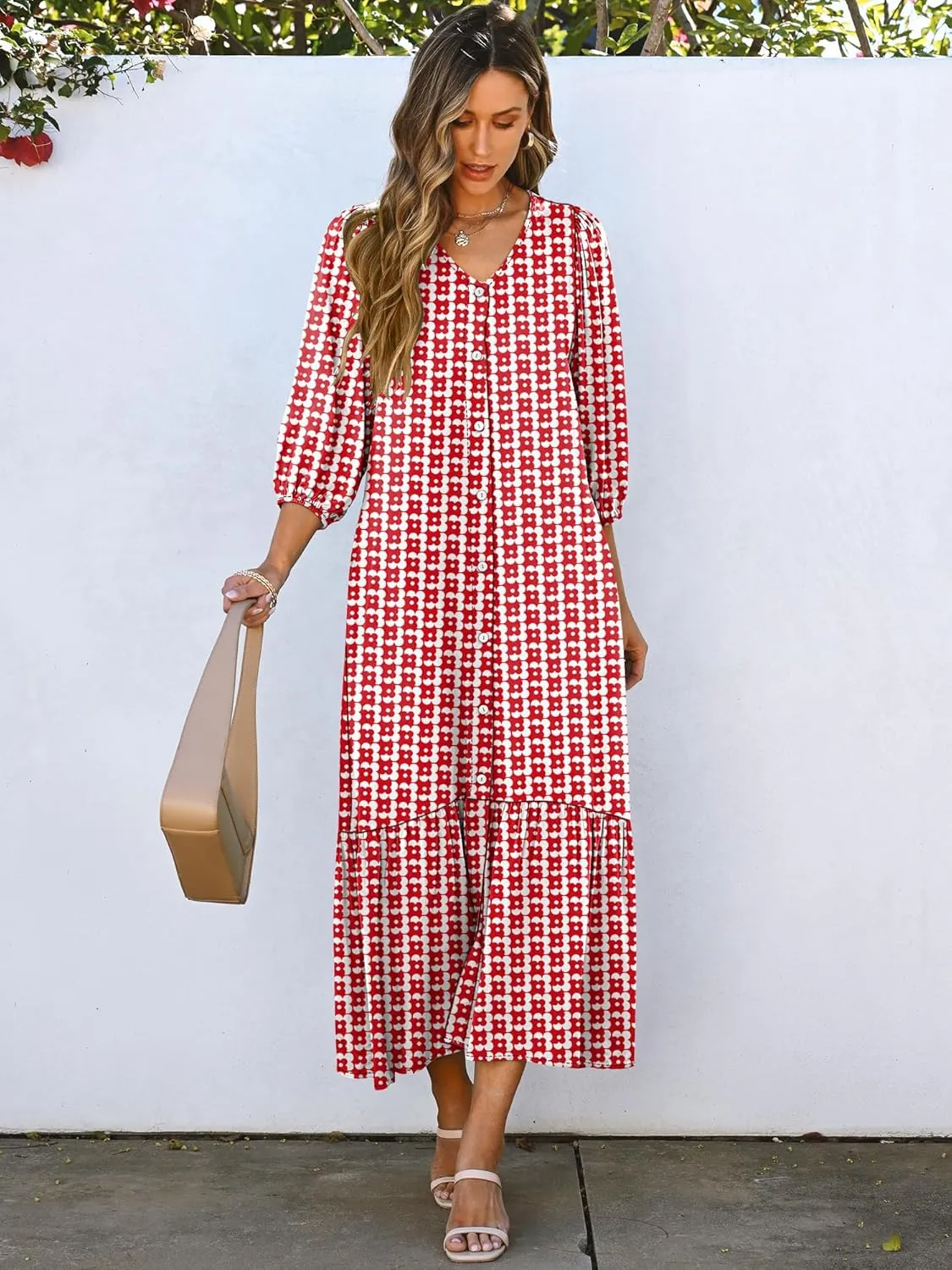 ANRABESS Boho Maxi Dresses for Women Summer Puff Sleeve V Neck Flowy Long Casual Dress with Pockets 2025 Vacation Outfits