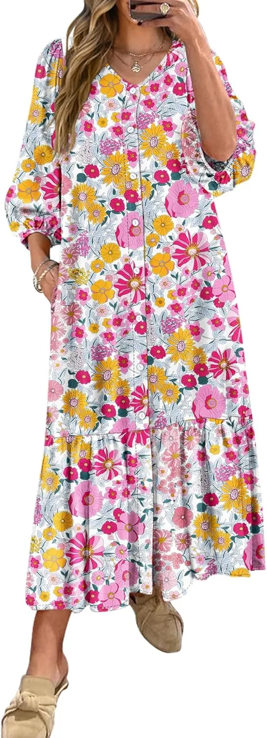 ANRABESS Boho Maxi Dresses for Women Summer Puff Sleeve V Neck Flowy Long Casual Dress with Pockets 2025 Vacation Outfits