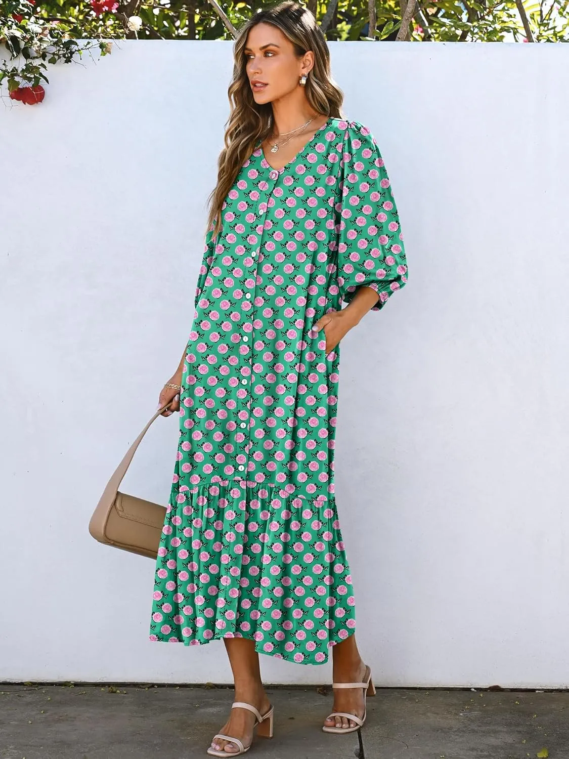 ANRABESS Boho Maxi Dresses for Women Summer Puff Sleeve V Neck Flowy Long Casual Dress with Pockets 2025 Vacation Outfits