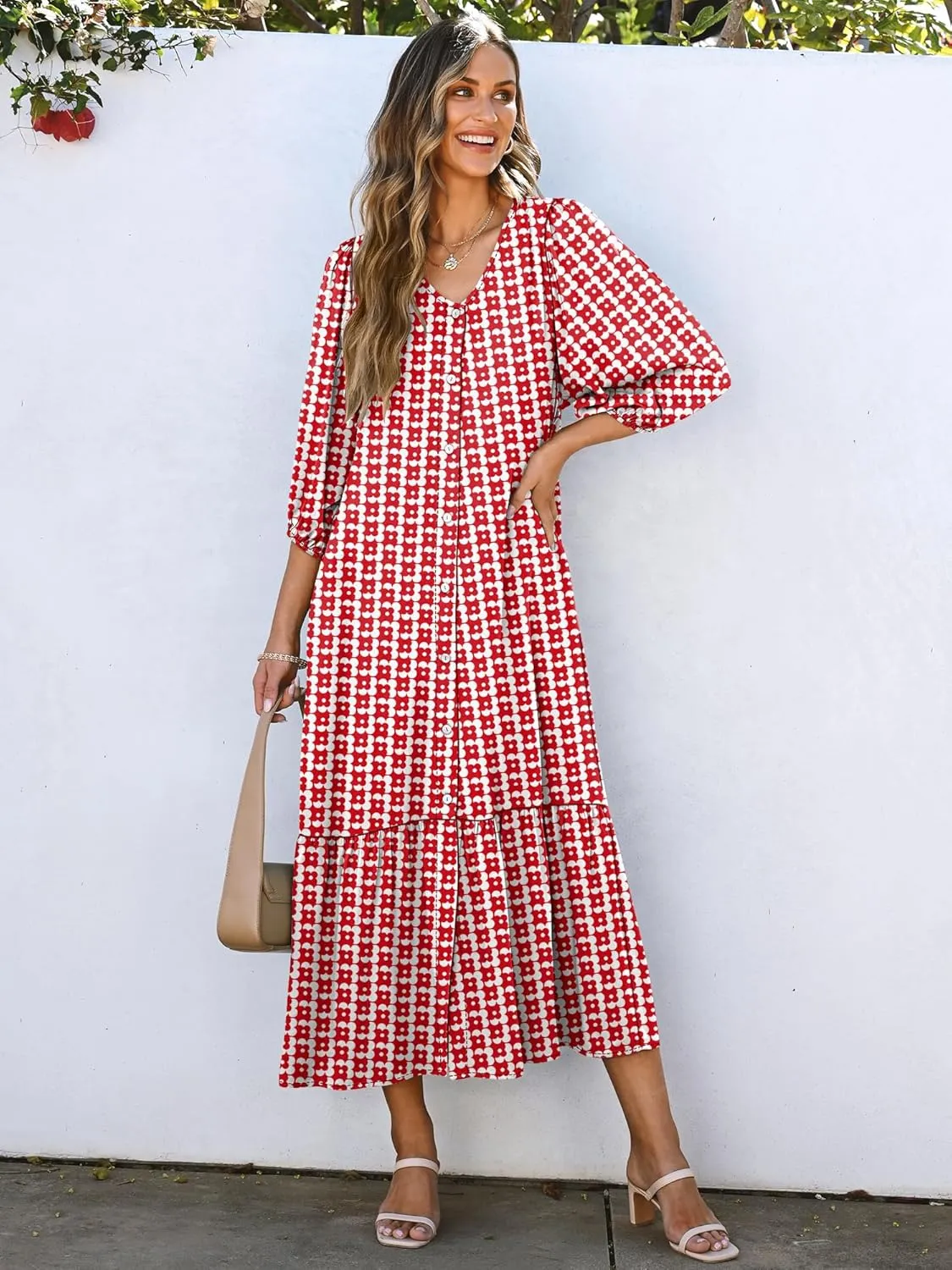 ANRABESS Boho Maxi Dresses for Women Summer Puff Sleeve V Neck Flowy Long Casual Dress with Pockets 2025 Vacation Outfits