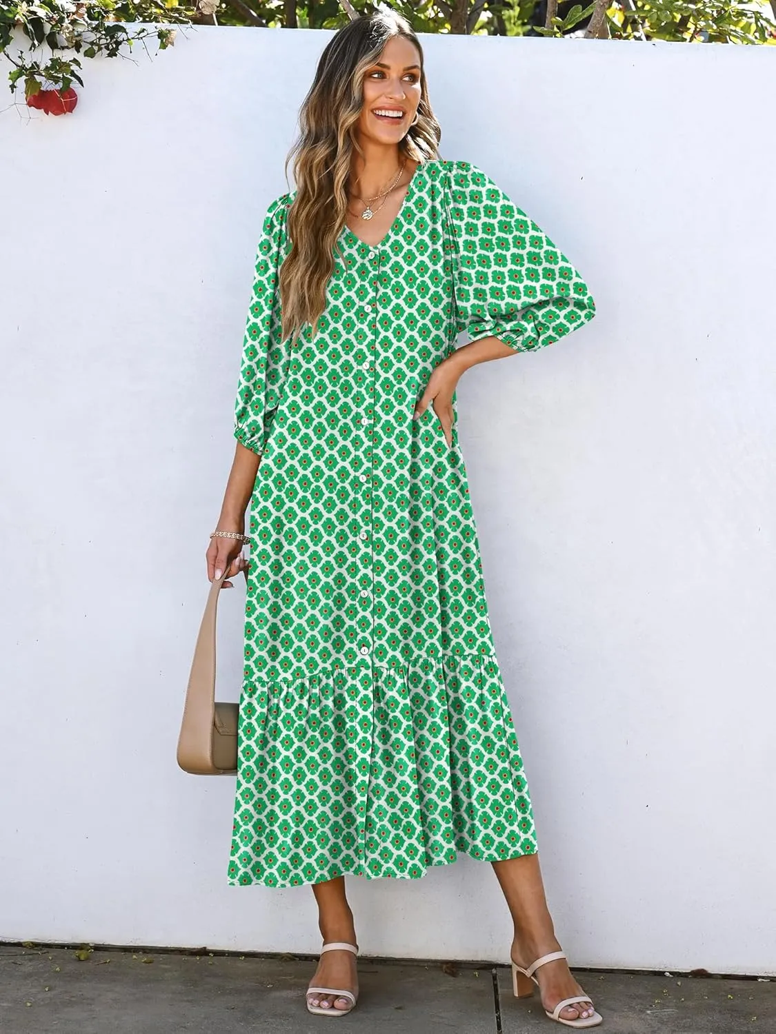 ANRABESS Boho Maxi Dresses for Women Summer Puff Sleeve V Neck Flowy Long Casual Dress with Pockets 2025 Vacation Outfits