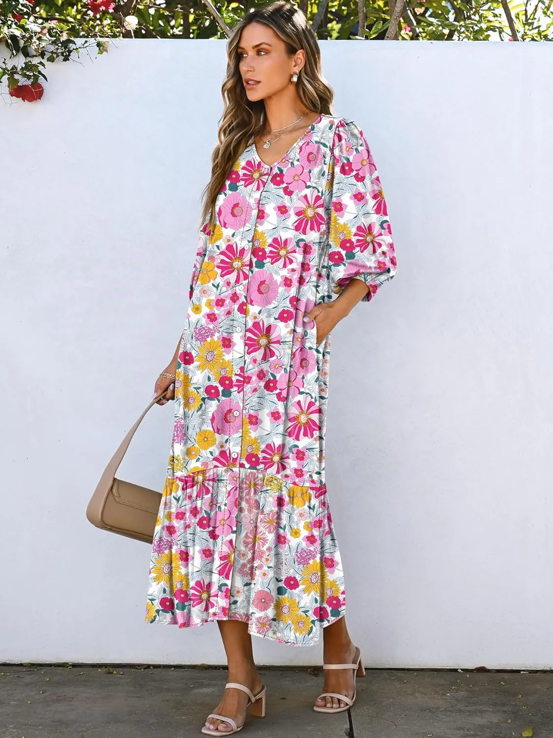 ANRABESS Boho Maxi Dresses for Women Summer Puff Sleeve V Neck Flowy Long Casual Dress with Pockets 2025 Vacation Outfits