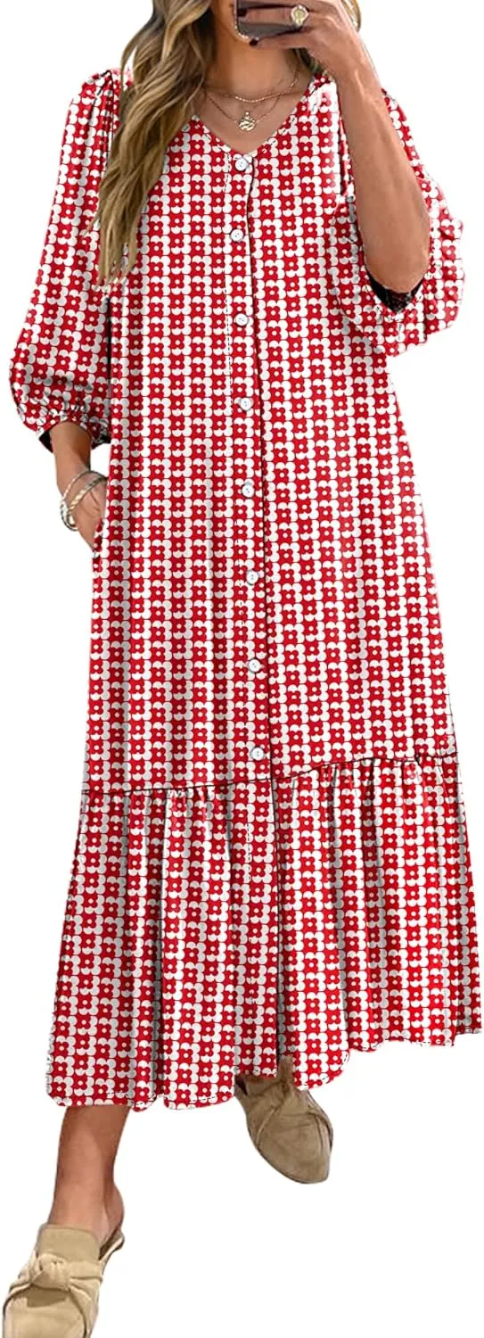 ANRABESS Boho Maxi Dresses for Women Summer Puff Sleeve V Neck Flowy Long Casual Dress with Pockets 2025 Vacation Outfits
