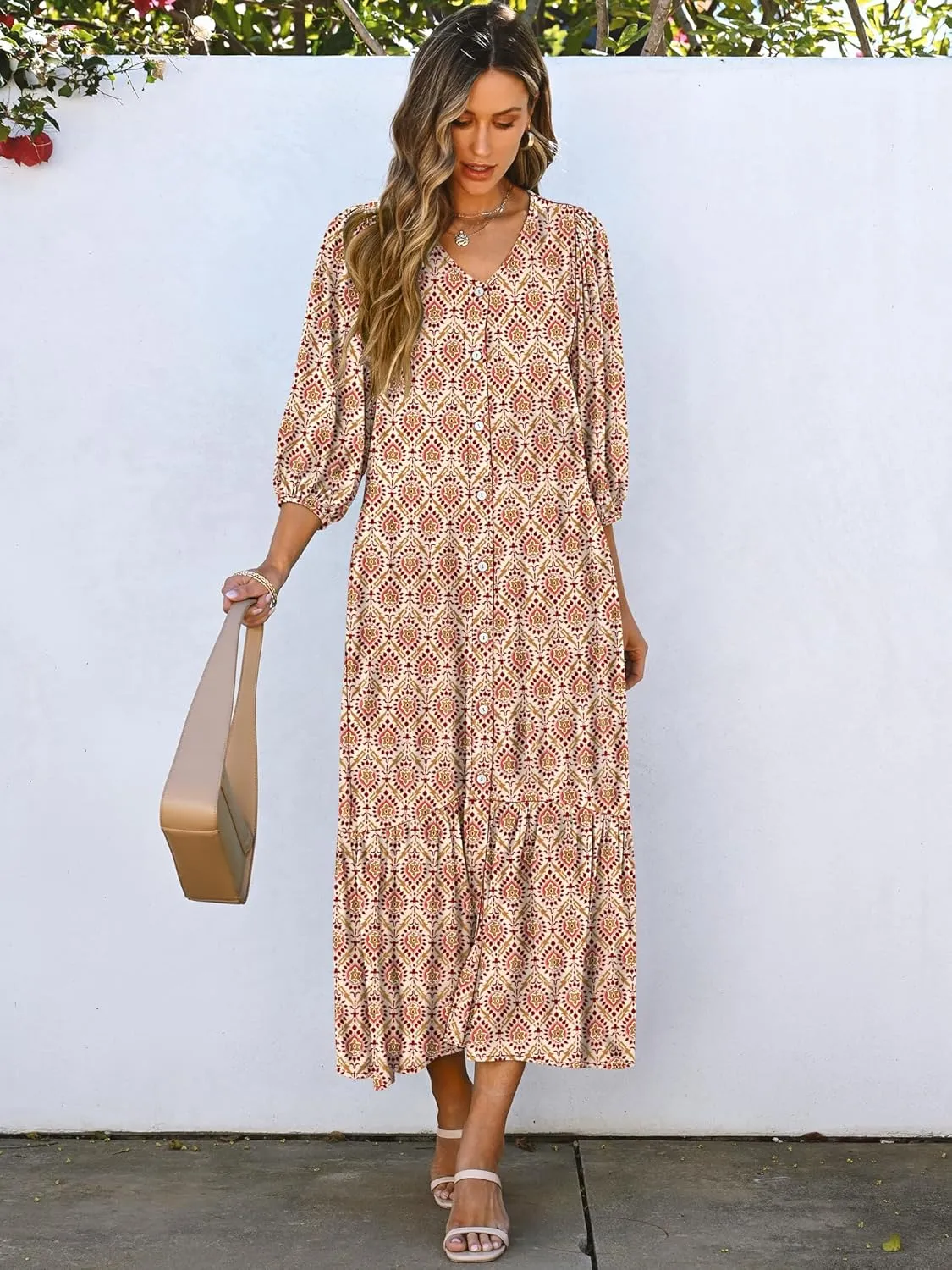 ANRABESS Boho Maxi Dresses for Women Summer Puff Sleeve V Neck Flowy Long Casual Dress with Pockets 2025 Vacation Outfits