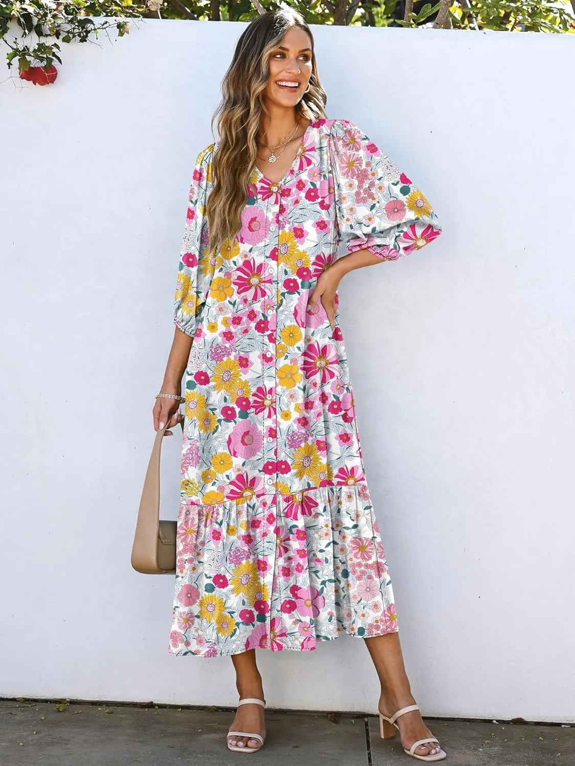 ANRABESS Boho Maxi Dresses for Women Summer Puff Sleeve V Neck Flowy Long Casual Dress with Pockets 2025 Vacation Outfits