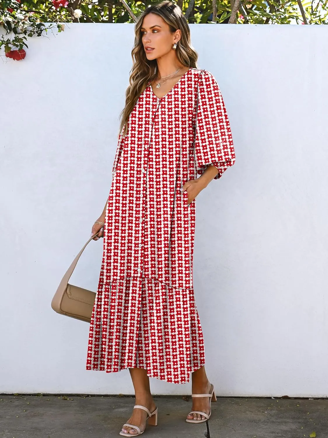 ANRABESS Boho Maxi Dresses for Women Summer Puff Sleeve V Neck Flowy Long Casual Dress with Pockets 2025 Vacation Outfits