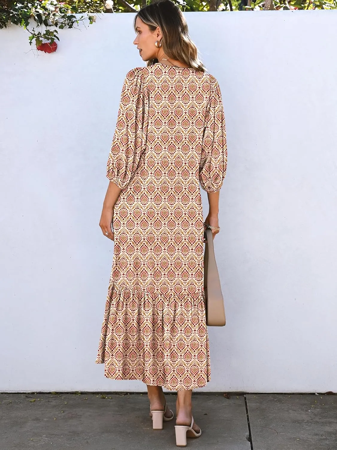 ANRABESS Boho Maxi Dresses for Women Summer Puff Sleeve V Neck Flowy Long Casual Dress with Pockets 2025 Vacation Outfits