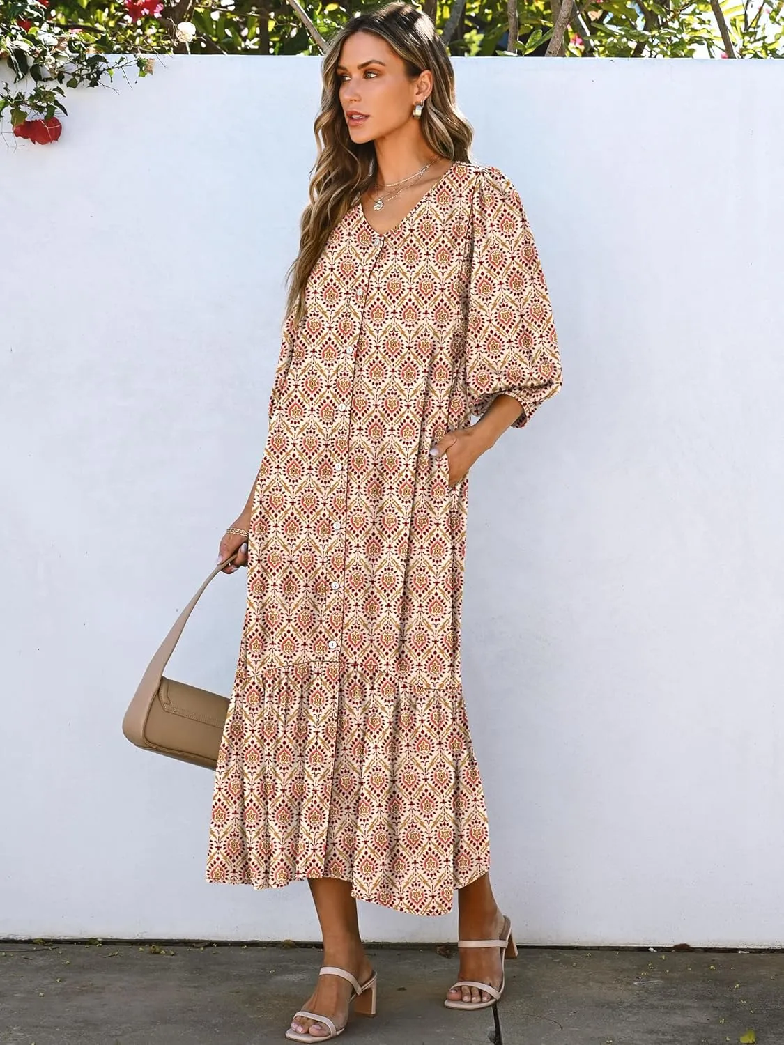ANRABESS Boho Maxi Dresses for Women Summer Puff Sleeve V Neck Flowy Long Casual Dress with Pockets 2025 Vacation Outfits