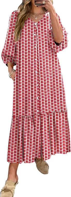 ANRABESS Boho Maxi Dresses for Women Summer Puff Sleeve V Neck Flowy Long Casual Dress with Pockets 2025 Vacation Outfits