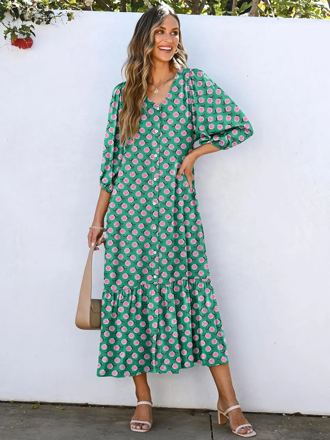 ANRABESS Boho Maxi Dresses for Women Summer Puff Sleeve V Neck Flowy Long Casual Dress with Pockets 2025 Vacation Outfits