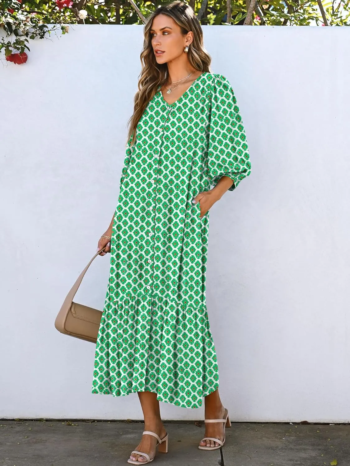 ANRABESS Boho Maxi Dresses for Women Summer Puff Sleeve V Neck Flowy Long Casual Dress with Pockets 2025 Vacation Outfits