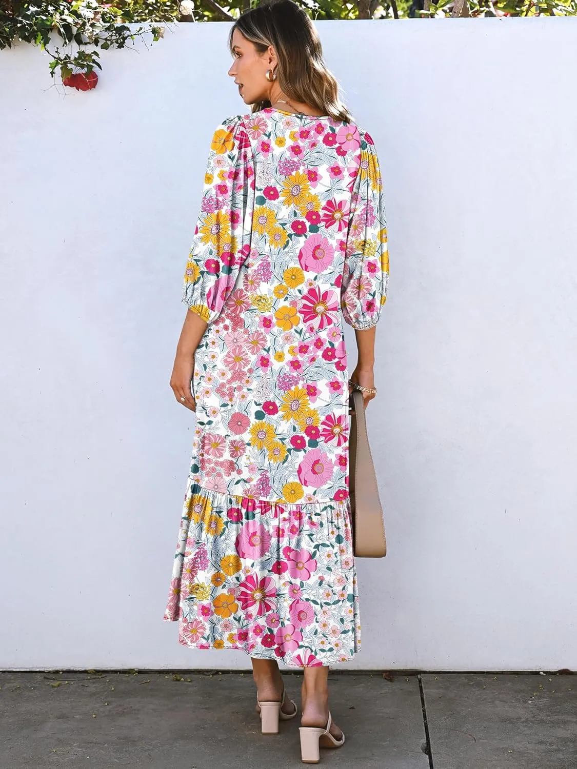 ANRABESS Boho Maxi Dresses for Women Summer Puff Sleeve V Neck Flowy Long Casual Dress with Pockets 2025 Vacation Outfits