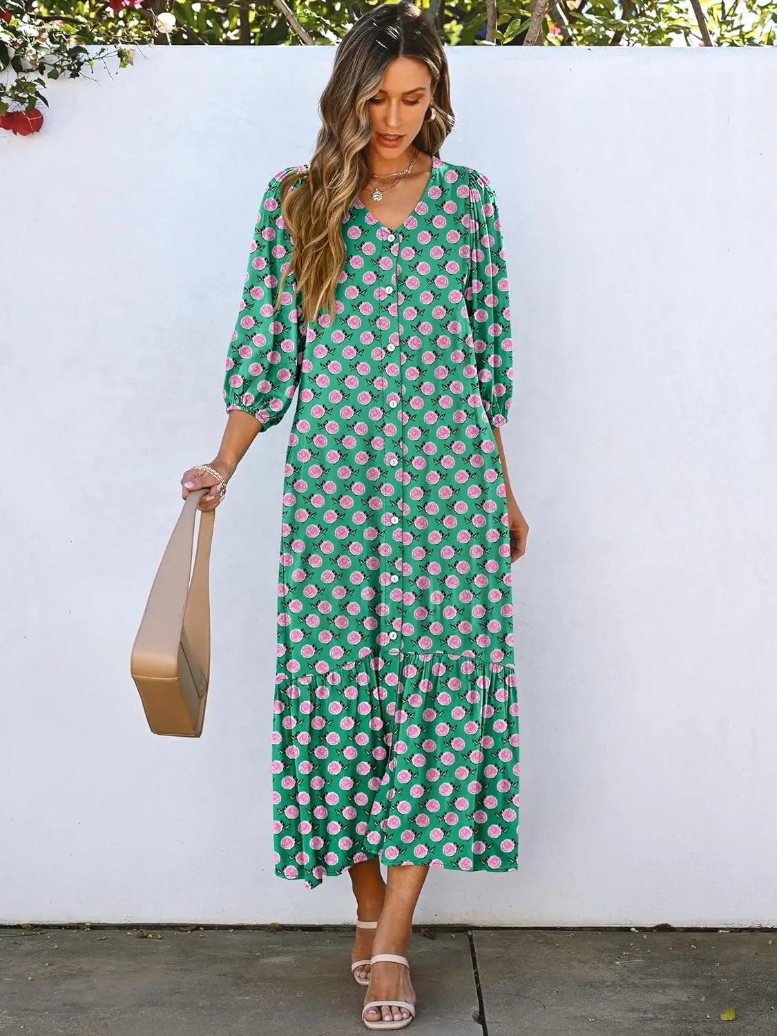 ANRABESS Boho Maxi Dresses for Women Summer Puff Sleeve V Neck Flowy Long Casual Dress with Pockets 2025 Vacation Outfits