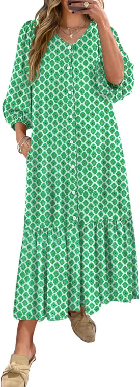 ANRABESS Boho Maxi Dresses for Women Summer Puff Sleeve V Neck Flowy Long Casual Dress with Pockets 2025 Vacation Outfits
