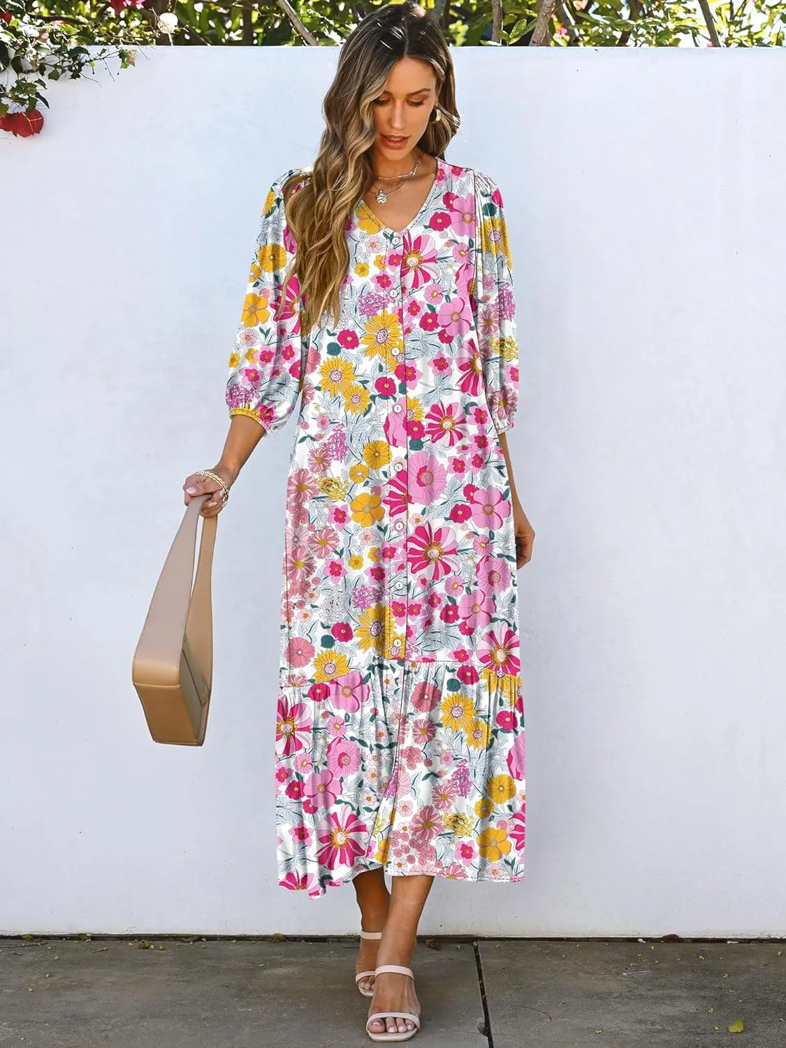 ANRABESS Boho Maxi Dresses for Women Summer Puff Sleeve V Neck Flowy Long Casual Dress with Pockets 2025 Vacation Outfits