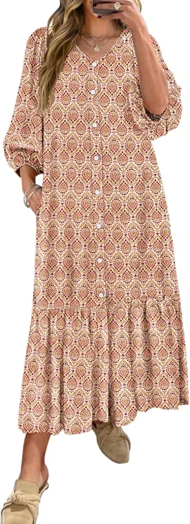 ANRABESS Boho Maxi Dresses for Women Summer Puff Sleeve V Neck Flowy Long Casual Dress with Pockets 2025 Vacation Outfits