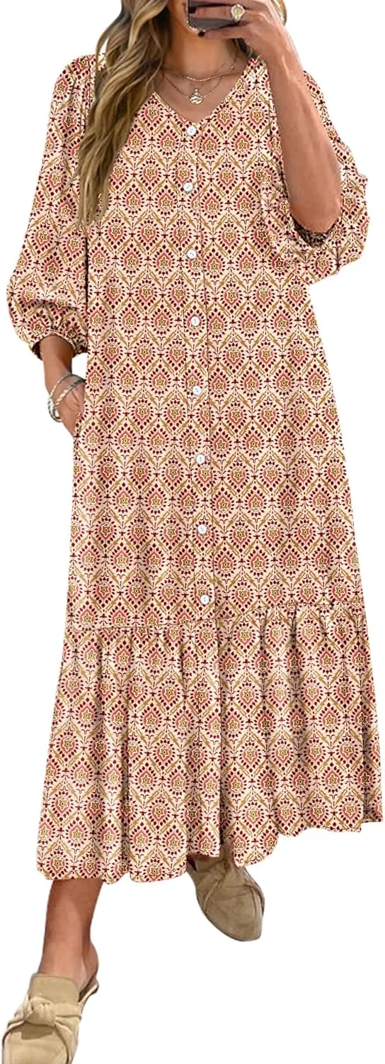 ANRABESS Boho Maxi Dresses for Women Summer Puff Sleeve V Neck Flowy Long Casual Dress with Pockets 2025 Vacation Outfits