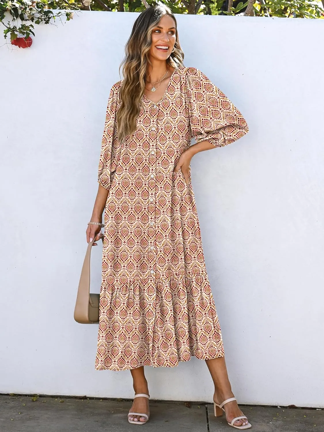 ANRABESS Boho Maxi Dresses for Women Summer Puff Sleeve V Neck Flowy Long Casual Dress with Pockets 2025 Vacation Outfits
