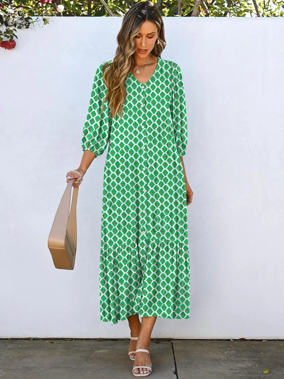ANRABESS Boho Maxi Dresses for Women Summer Puff Sleeve V Neck Flowy Long Casual Dress with Pockets 2025 Vacation Outfits