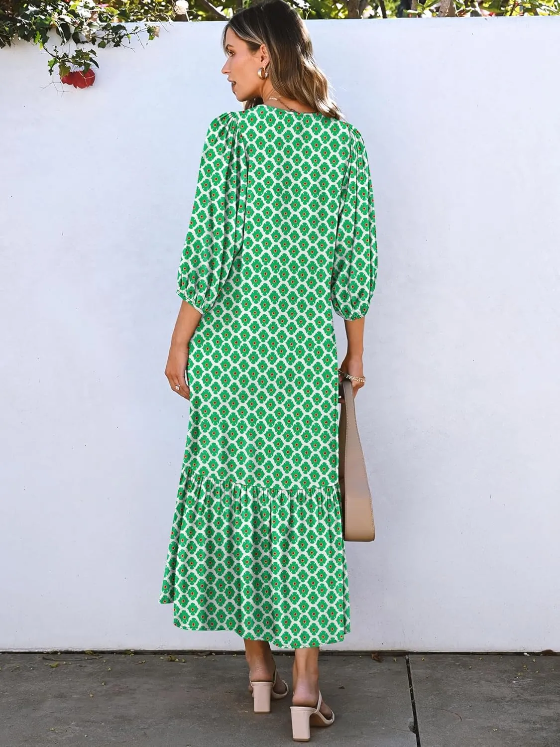 ANRABESS Boho Maxi Dresses for Women Summer Puff Sleeve V Neck Flowy Long Casual Dress with Pockets 2025 Vacation Outfits