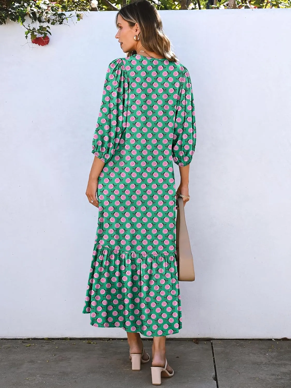 ANRABESS Boho Maxi Dresses for Women Summer Puff Sleeve V Neck Flowy Long Casual Dress with Pockets 2025 Vacation Outfits