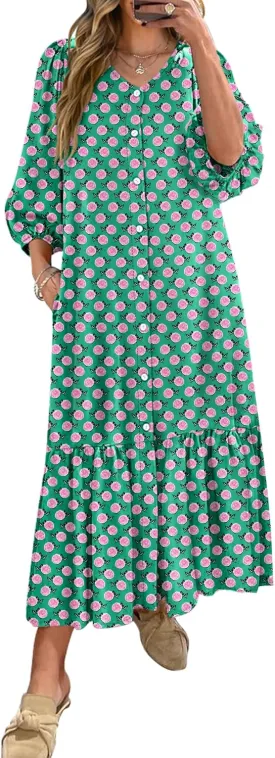 ANRABESS Boho Maxi Dresses for Women Summer Puff Sleeve V Neck Flowy Long Casual Dress with Pockets 2025 Vacation Outfits