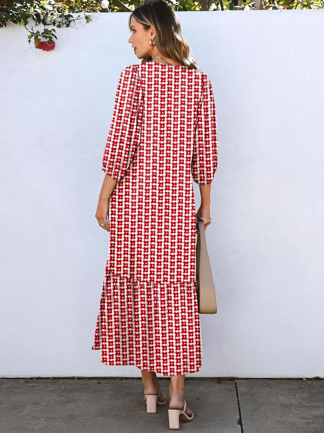 ANRABESS Boho Maxi Dresses for Women Summer Puff Sleeve V Neck Flowy Long Casual Dress with Pockets 2025 Vacation Outfits