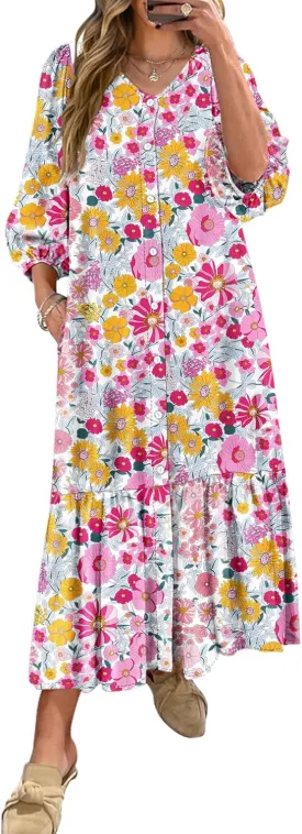 ANRABESS Boho Maxi Dresses for Women Summer Puff Sleeve V Neck Flowy Long Casual Dress with Pockets 2025 Vacation Outfits