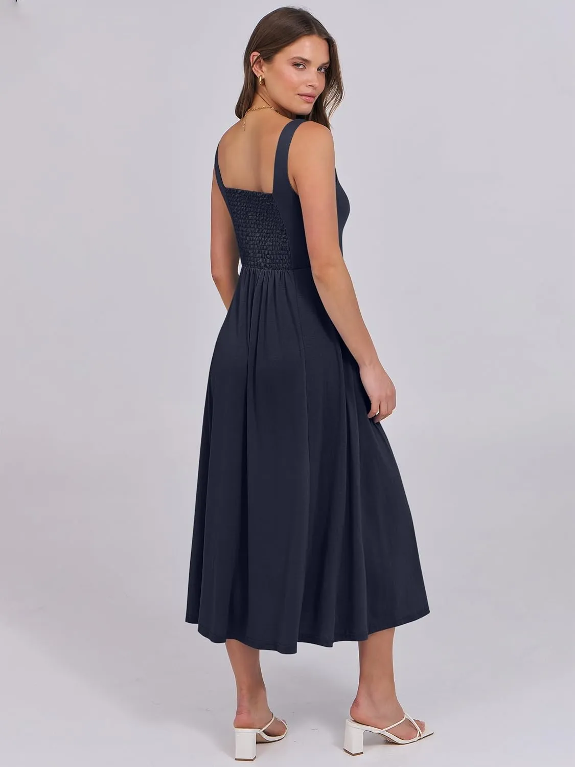 ANRABESS Women Summer Casual Dress Sleeveless Smocked Back Tank Midi Dresses 2025 Beach Vacation Sundress with Pockets