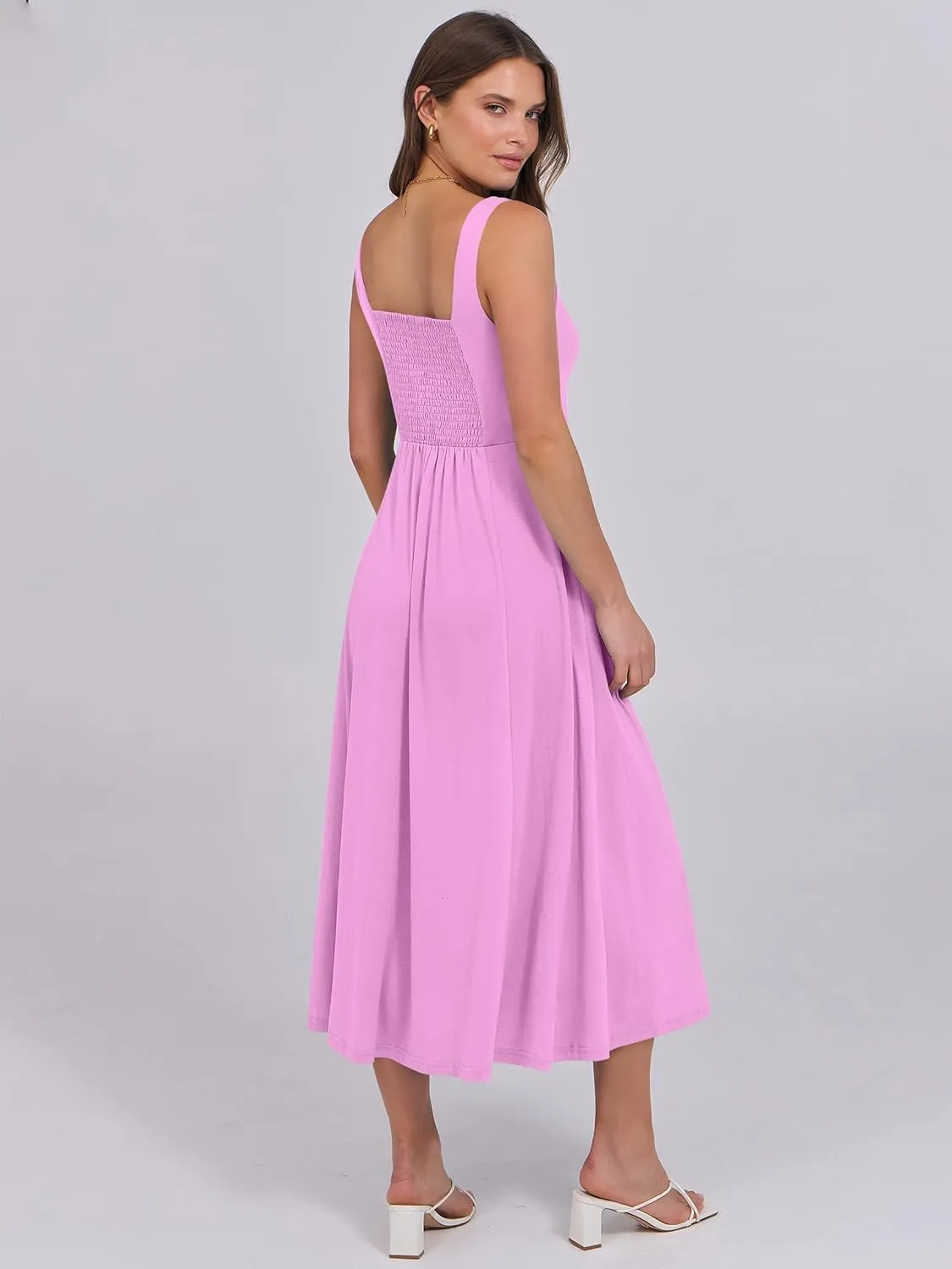 ANRABESS Women Summer Casual Dress Sleeveless Smocked Back Tank Midi Dresses 2025 Beach Vacation Sundress with Pockets