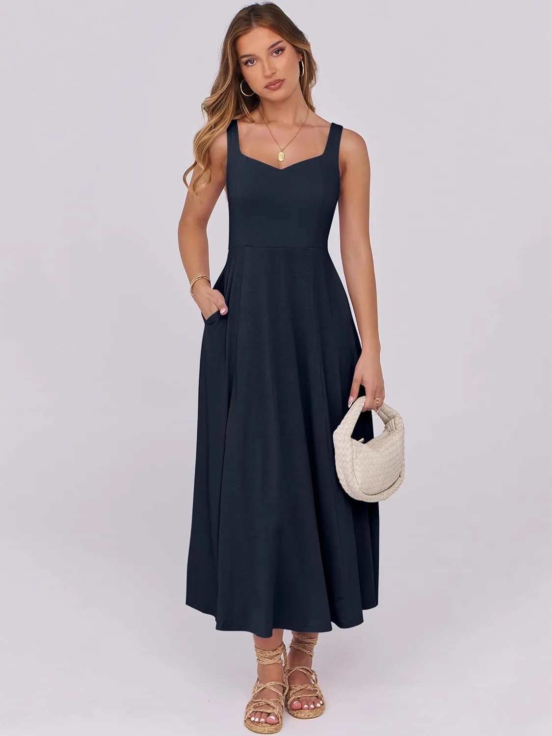 ANRABESS Women Summer Casual Dress Sleeveless Smocked Back Tank Midi Dresses 2025 Beach Vacation Sundress with Pockets