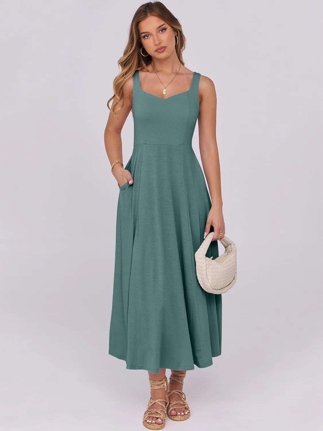 ANRABESS Women Summer Casual Dress Sleeveless Smocked Back Tank Midi Dresses 2025 Beach Vacation Sundress with Pockets