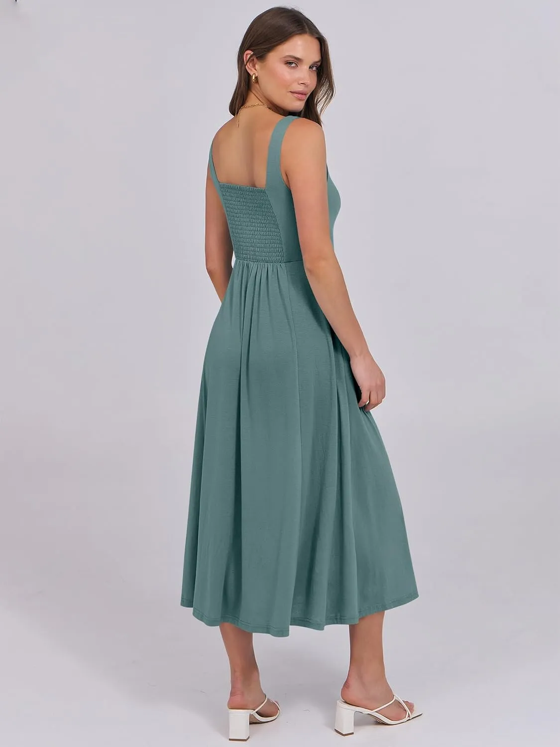 ANRABESS Women Summer Casual Dress Sleeveless Smocked Back Tank Midi Dresses 2025 Beach Vacation Sundress with Pockets