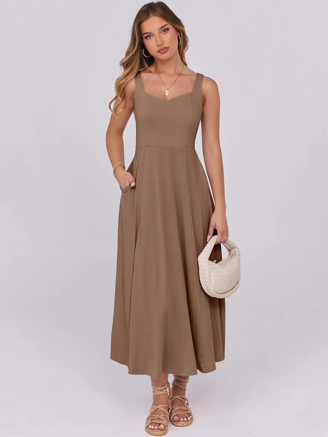 ANRABESS Women Summer Casual Dress Sleeveless Smocked Back Tank Midi Dresses 2025 Beach Vacation Sundress with Pockets