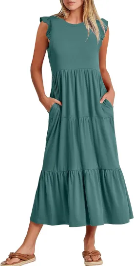 ANRABESS Women Summer Casual Ruffle Sleeveless Maxi Dress A-Line Flowy Tiered Beach Long Sundress with Pockets