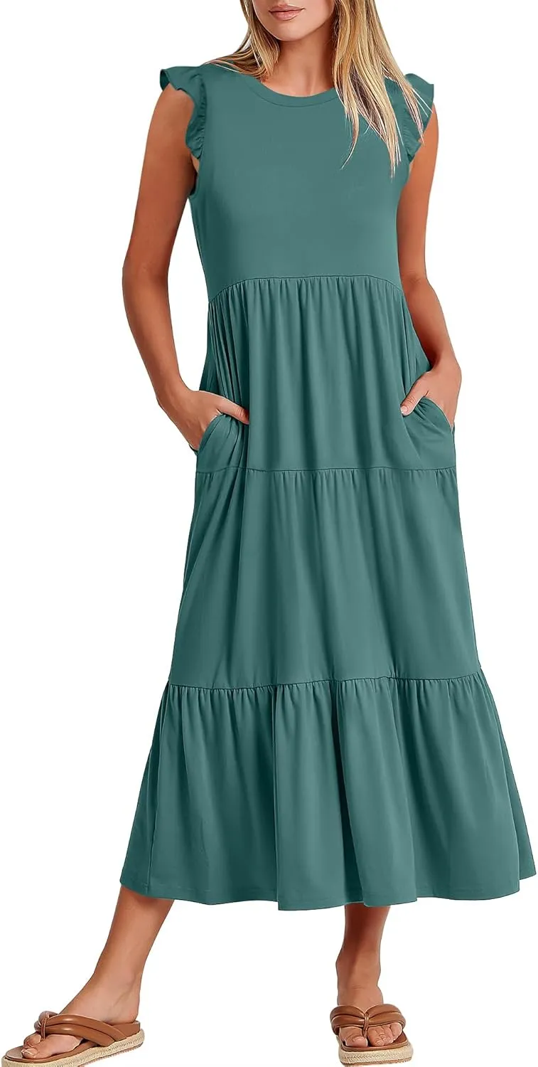 ANRABESS Women Summer Casual Ruffle Sleeveless Maxi Dress A-Line Flowy Tiered Beach Long Sundress with Pockets