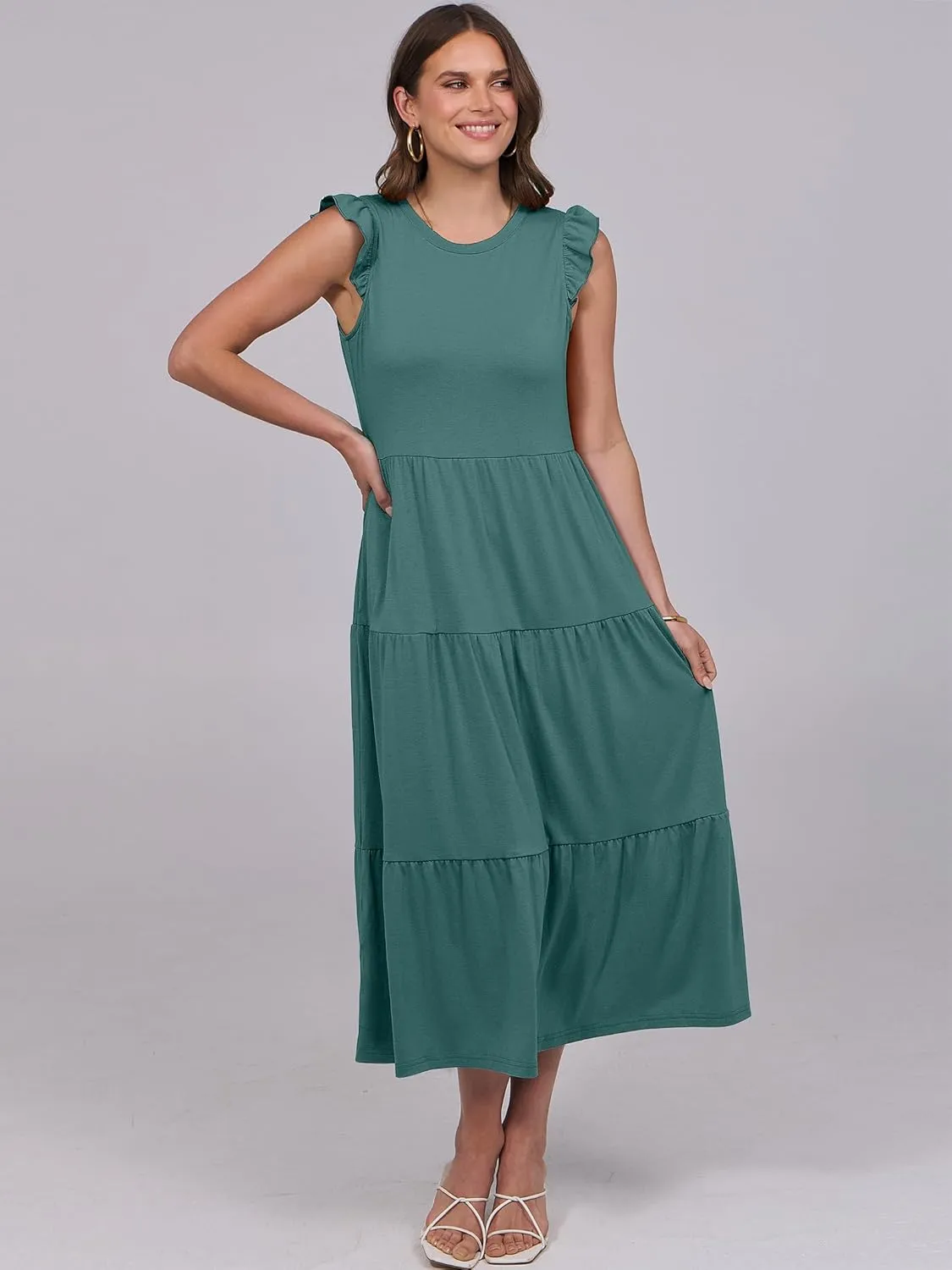 ANRABESS Women Summer Casual Ruffle Sleeveless Maxi Dress A-Line Flowy Tiered Beach Long Sundress with Pockets