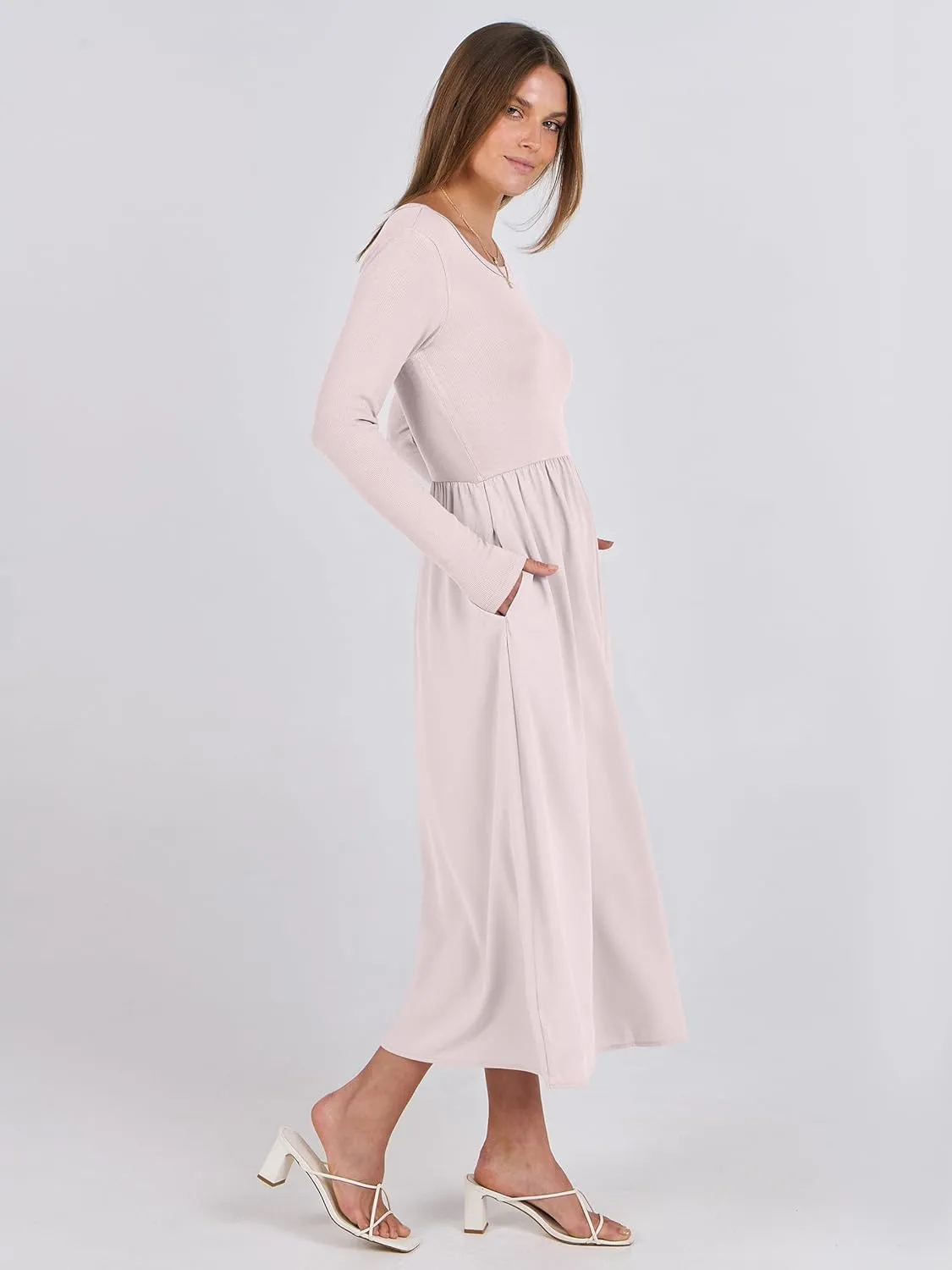 ANRABESS Women's Long Sleeve Midi Dress 2025 Fall Fashion Patchwork Ribbed Knit Tight Top Casual Flowy Swing Dresses Pockets
