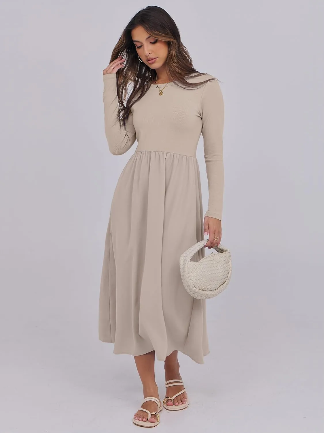 ANRABESS Women's Long Sleeve Midi Dress 2025 Fall Fashion Patchwork Ribbed Knit Tight Top Casual Flowy Swing Dresses Pockets