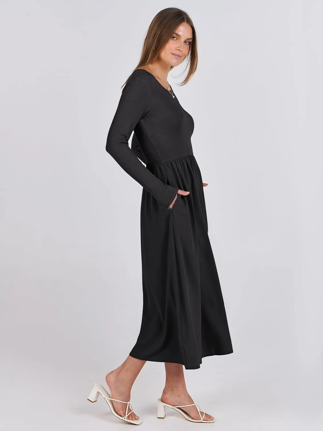 ANRABESS Women's Long Sleeve Midi Dress 2025 Fall Fashion Patchwork Ribbed Knit Tight Top Casual Flowy Swing Dresses Pockets